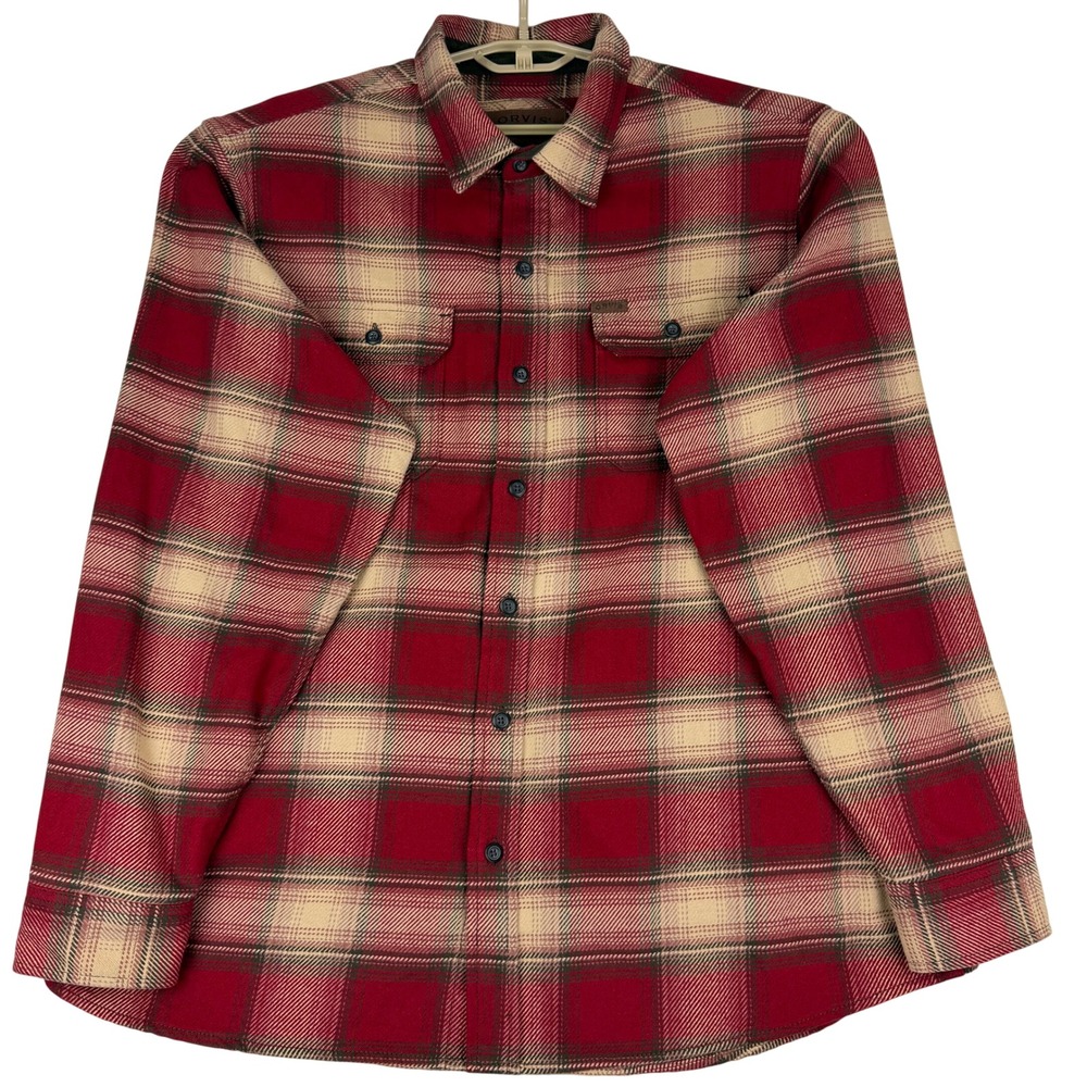 Orvis Flannel Shirt Mens XXL Red Tan Plaid Heavyweight Button Down Hand Pockets